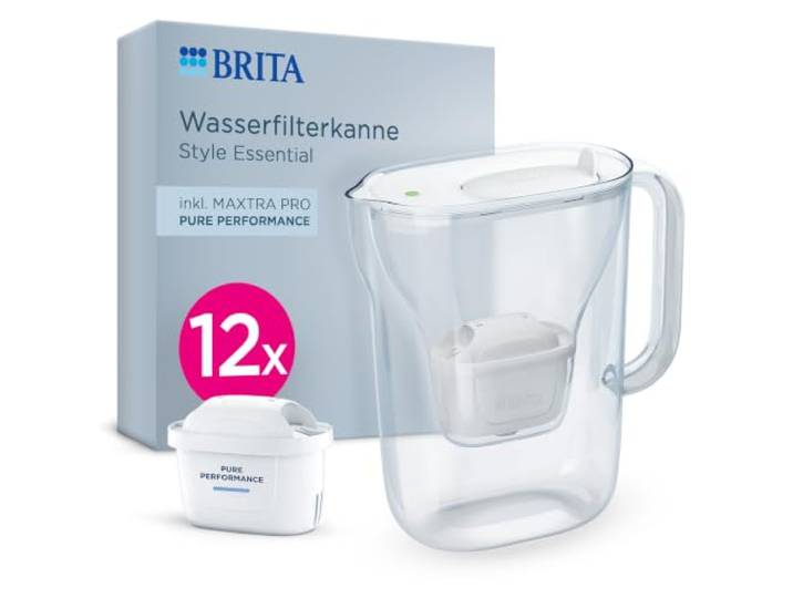 BRITA Wasserfilterkanne MAXTRA Style Essential, 12x Pure Performance Filter Weiß, Jahrespaket, kühlschrankgeeignete Kanne mit LED Filterwechselanzeige & Klappdeckel reduziert PFAS, Kalk, Metalle & mehr
