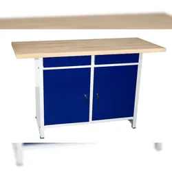 Szagato Werkbank für Werkstatt mit Schubladen und Flügeltüren HxBxT: 84x150x60cm, 2 Schubladen, 2 Flügeltüren abschließbar, lichtgrau/blau