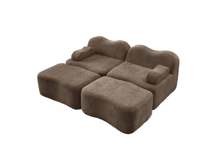 Modfu 2-Sitzer Sofa aus Samt Braun modular mit 2 Hockern, rahmenloses Design und beweglichem Armlehnenkissen, 192x70x167 cm, Wohnzimmer, Sofas & Couches, Sofas, 2-Sitzer Sofas