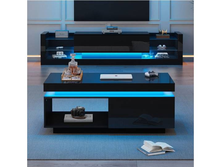 VUENOR Ensemble meuble TV complet noir brillant avec table basse et LED Bluetooth