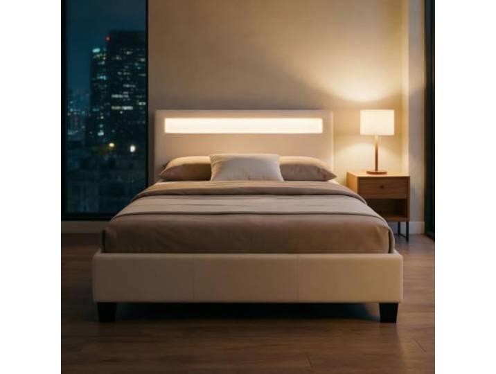 CARO-Möbel Polsterbett MIRASOL 120x200 cm, Weiß - Einzelbett mit LED Beleuchtung im Kopfteil, inkl. Fernbedienung, Jugendbett aus Kunstleder mit Lattenrost