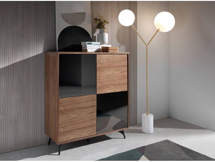 Buffet effet bois noyer et portes en verre noir