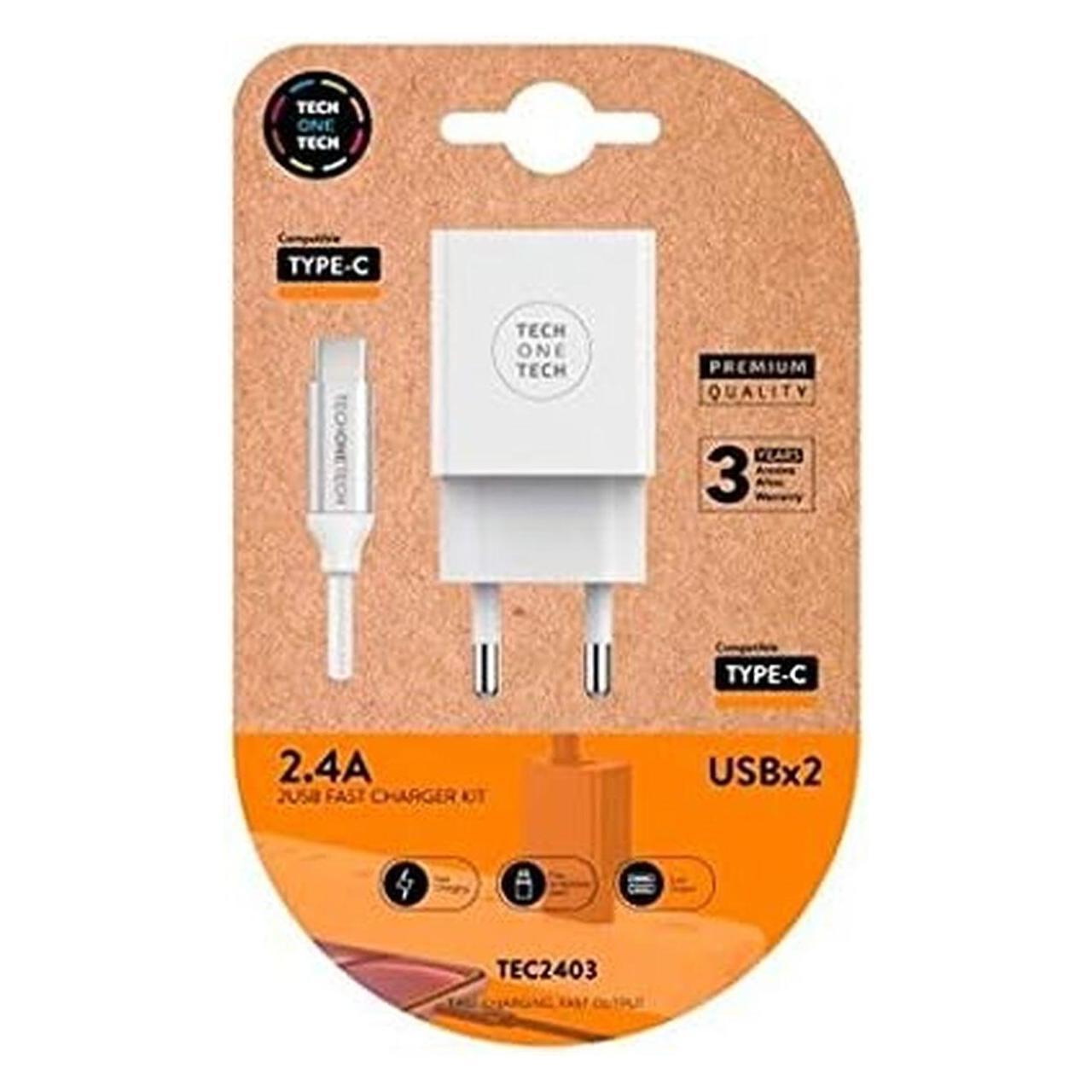 Tech One Tech Wand-Ladegerät + USB-C Kabel TEC2403 Weiss Double (12 W, 2 Ports) (45274103)