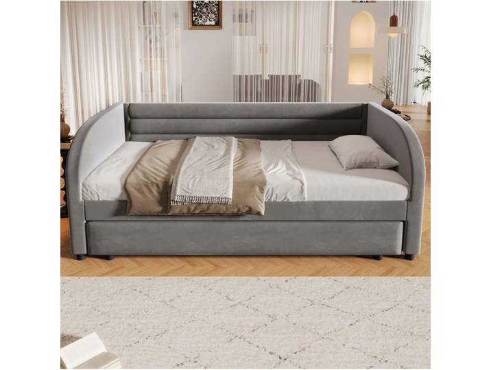 MEUBLIV lit plateforme rembourré 90x200 cm avec lit gigogne LED multicolore flanelle et MDF gris
