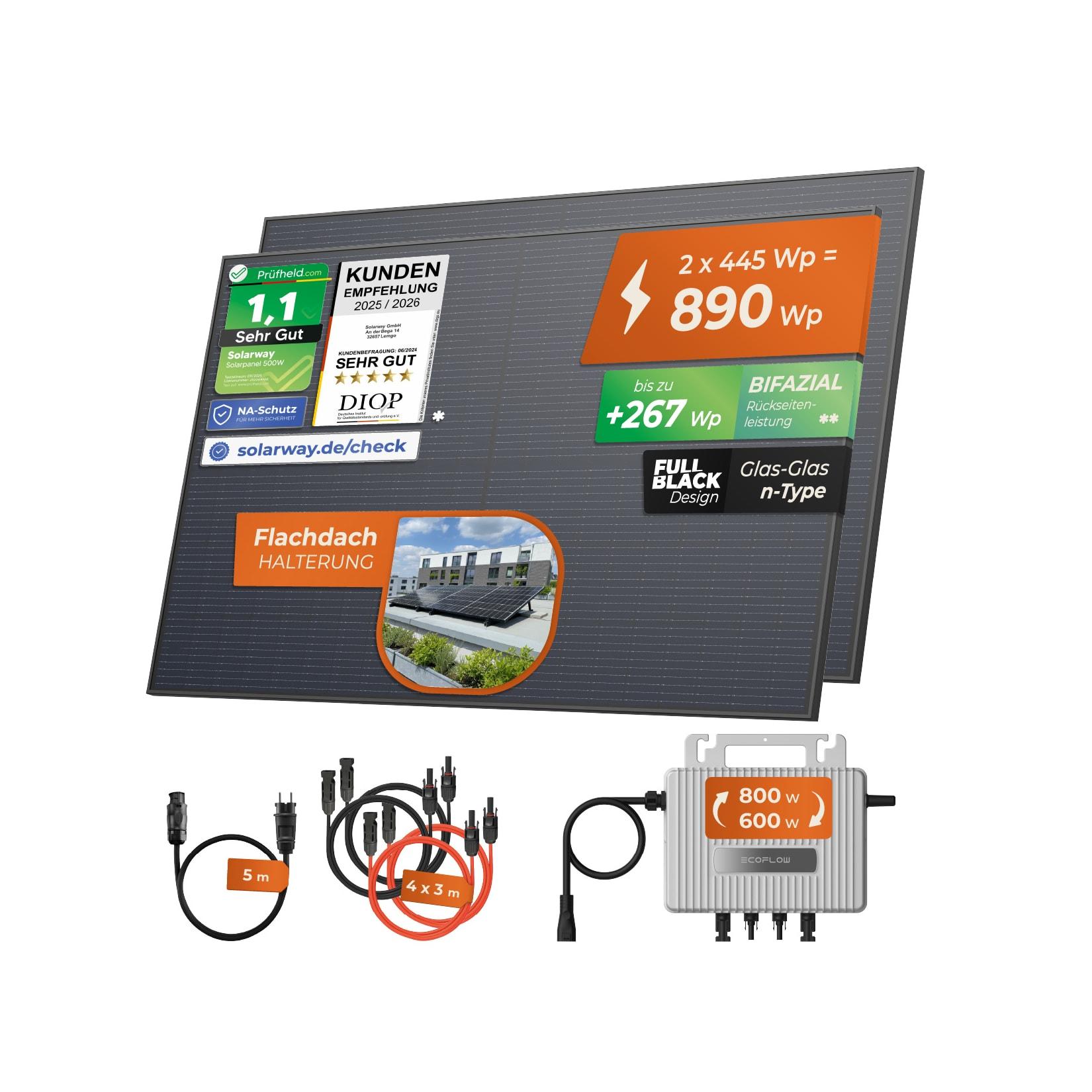 Solarway® 890Wp / 800W Balkonkraftwerk komplett Steckdose - neuester EcoFlow Stream 800 Watt Wechselrichter - Solaranlage Komplettset - 445W bifaziale Solarmodule & EcoFlow & Zubehör