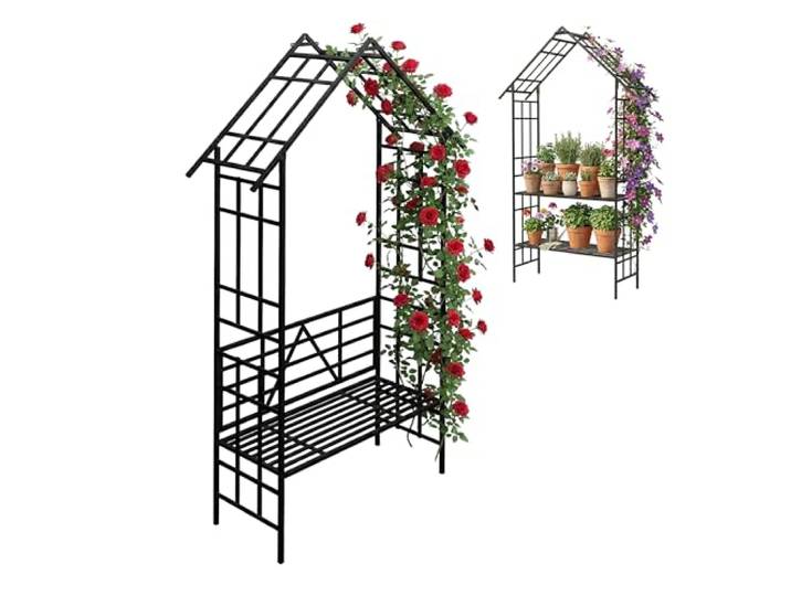 Relaxdays Rosenbogen, mit Sitzbank od. Blumenbank, schwarz Vorgarten & Garten, Rankbogen HBT: 247 x 150 x 43 cm, Metall