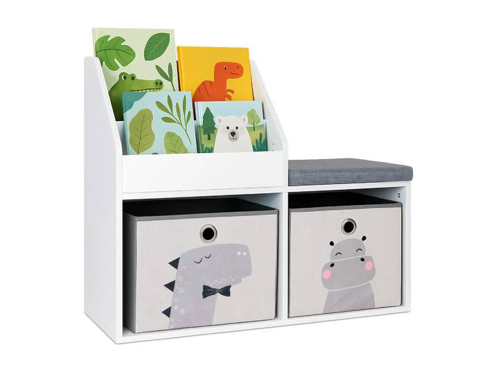 Relaxdays Kinderbank Weiß Grau mit Bücherregal, Mehrfarbig, 79x72x31 cm, Babymöbel & Kindermöbel, Kinderzimmer & Jugendzimmer, Kindersitzgruppe
