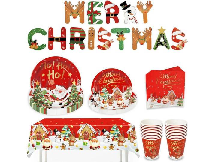Partygeschirr Set Weihnachten 82-teilig für 20 Personen, Mehrfarbig, Papier, 22x4x22 cm, Geschirr, Teller