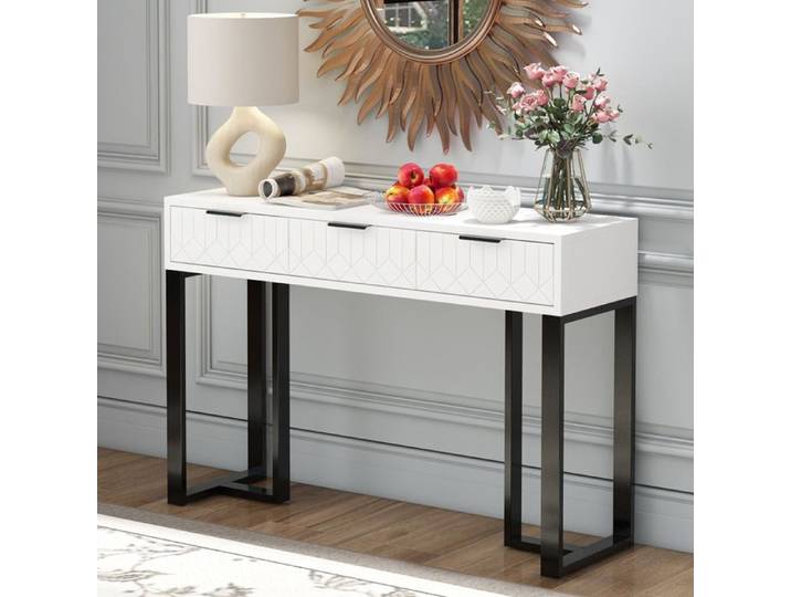 Console moderne 120x36x80 cm avec tiroirs cadre doré pieds réglables et poignées élégantes (blanc + noir)