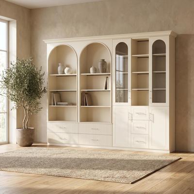 Homsee Modular Bookcase with LED Lights, Glass Door Storage Cabinet with Drawers, Large Display Shelving Unit Sideboard