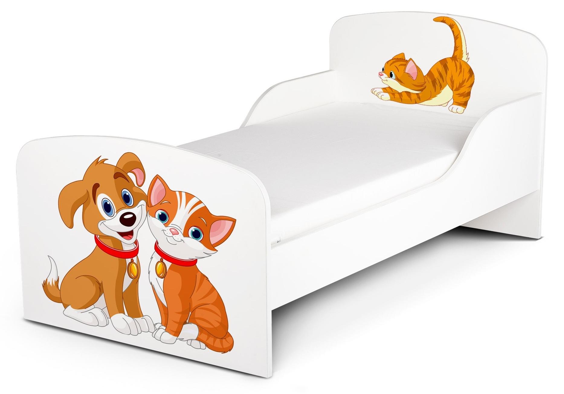 Modernes Weißes Holz-Kinderbett mit Matratzen 140x70 cm und UV-Druck (Katze und Hund)