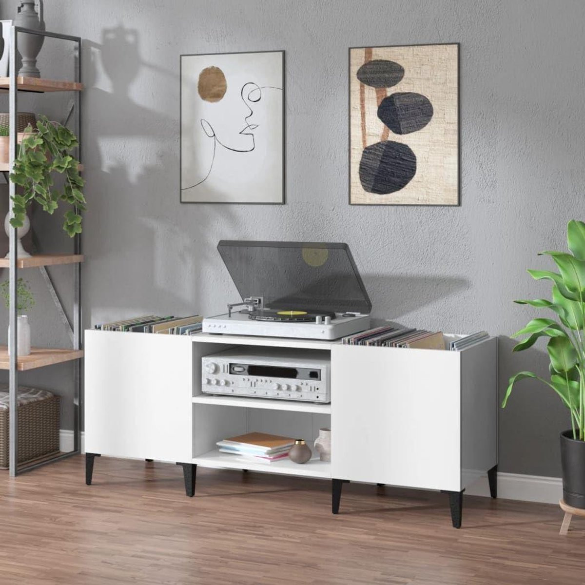 Platenkast Muziekmeubel voor Vinyl Opslag Hoogglans Wit Breedte: 121 cm
