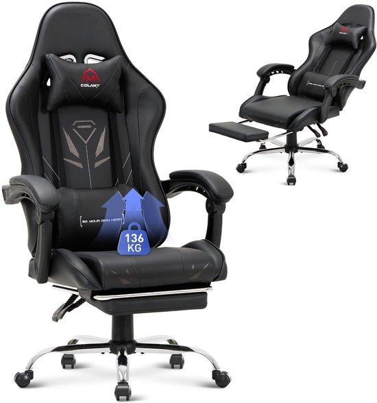 COLAMY Gaming-Stuhl, Computerstuhl mit Fußstütze und Lendenwirbelstütze, höhenverstellbarer Gaming-Stuhl mit 360° Schwenkbereich