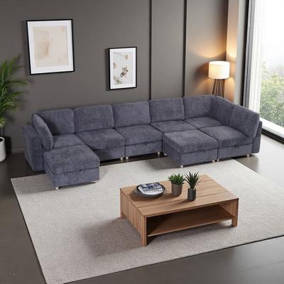 Polyester Convertible Modular Sectional Sofa with Storage, Ottoman Included, and Multifunctional Folding Design