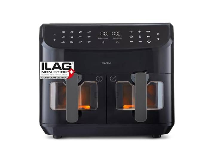 MEDION P20 XXL Airfryer Heißluftfritteuse mit 2 Kammern 8,7 Liter, 2.600 Watt, 2 Schubladen, Sichtfenster, Doppelkammer, Dualer Airfryer, schwarz - MD11760