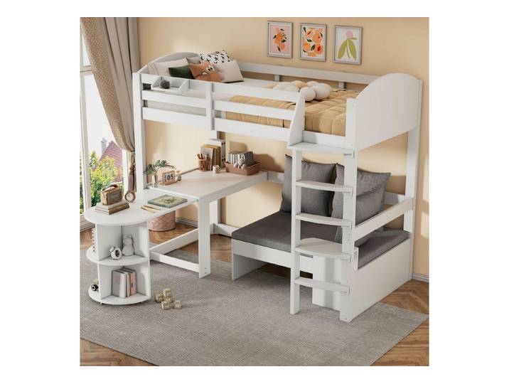 LuxusKollektion Etagenbett Etagenbett Hochbett 90x200cm mit Tisch & Sofa weiss (1-St)