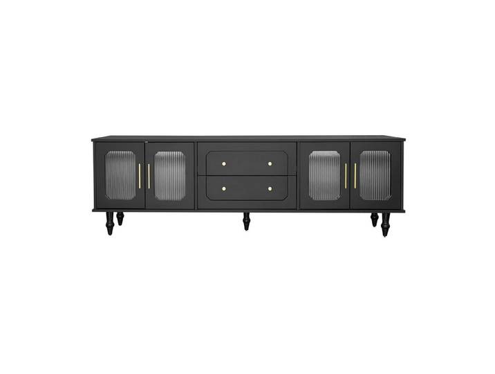 EXTSUD TV-Schrank Lowboard, TV-Möbel im Retro-Stil: goldene Griffe, viel Stauraum Mit Glastür und Beinen aus Massivholz