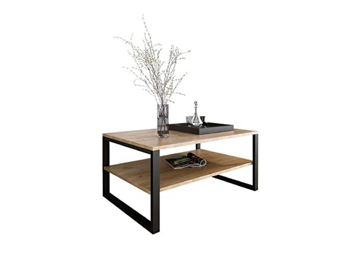 Design Möbel Couchtisch Rechteckig Wohnzimmertisch Kaffeetisch Sofatisch Tischplatte Tisch mit unterer Ablage Beine aus Metall Industrieller Stil Basic (GOLDENE Eiche)
