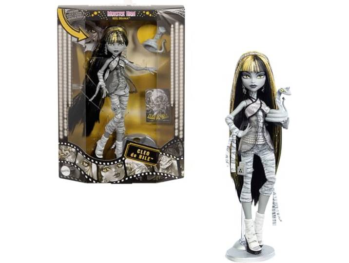 Monster High Reel Drama Cleo De Nile Puppe Sammler-Reproduktionspuppe in Schwarz-Weiß mit Postern in Puppen- und in Originalgröße, Horrorfilm-Design, JDR65