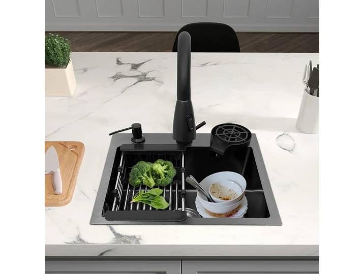 Évier de cuisine encastré en acier inoxydable 45 x 40 cm, évier de cuisine avec robinet extractible à 360° ° W Évier + panier de drainage + distributeur de savon pour le plan de travail de l'évier
