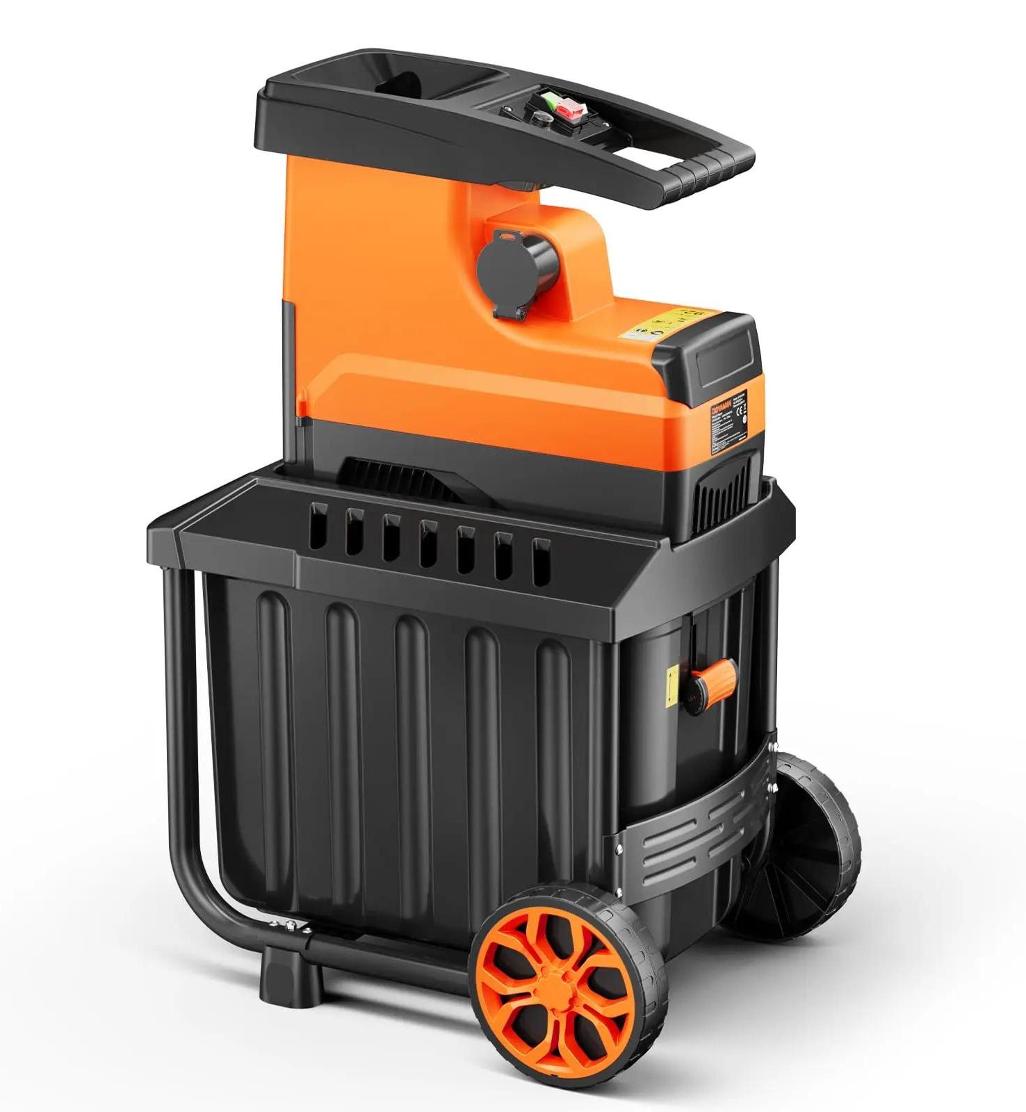 Gartenhäcksler - Elektrischer Leisehäcksler - 2800 W - Bürstenloser 400 Nm Motor - 6-Zahn-Walze - 4,5 cm Astdurchmesser - 60 l Fangbox - Leise & Überlastschutz - Orange