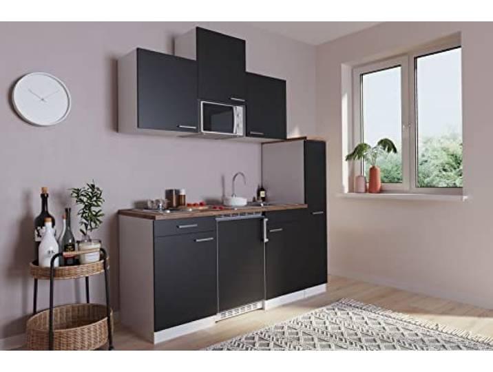 respekta Küchenzeile Luis KB180WSMI Schwarz 180 cm Breite mit Elektrogeräten