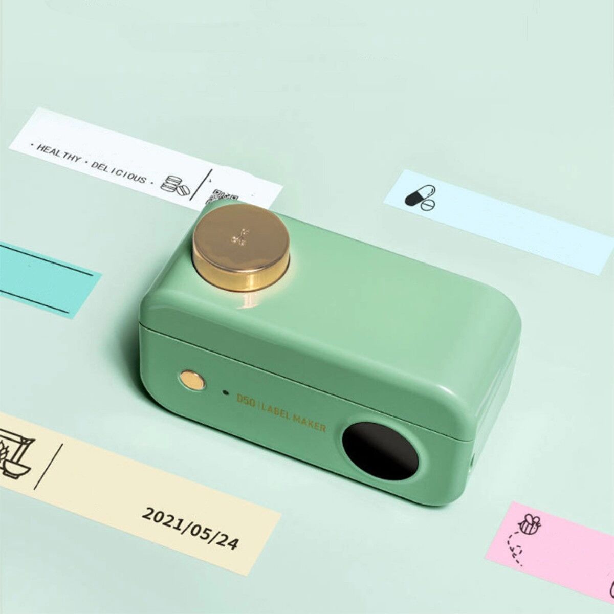 INF Thermo-Etikettendrucker mit 1 Rolle Papier — Tragbarer Bluetooth-Label-Maker für Zuhause, Klare Ausdrucke, Type-C-Ladung Grün