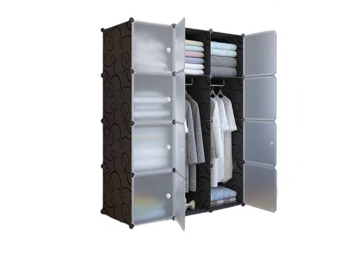 Penderie souple - Armoire de rangement penderie vêtements - en Plastique - 3 portes 4 niveaux 12 compartiments noir