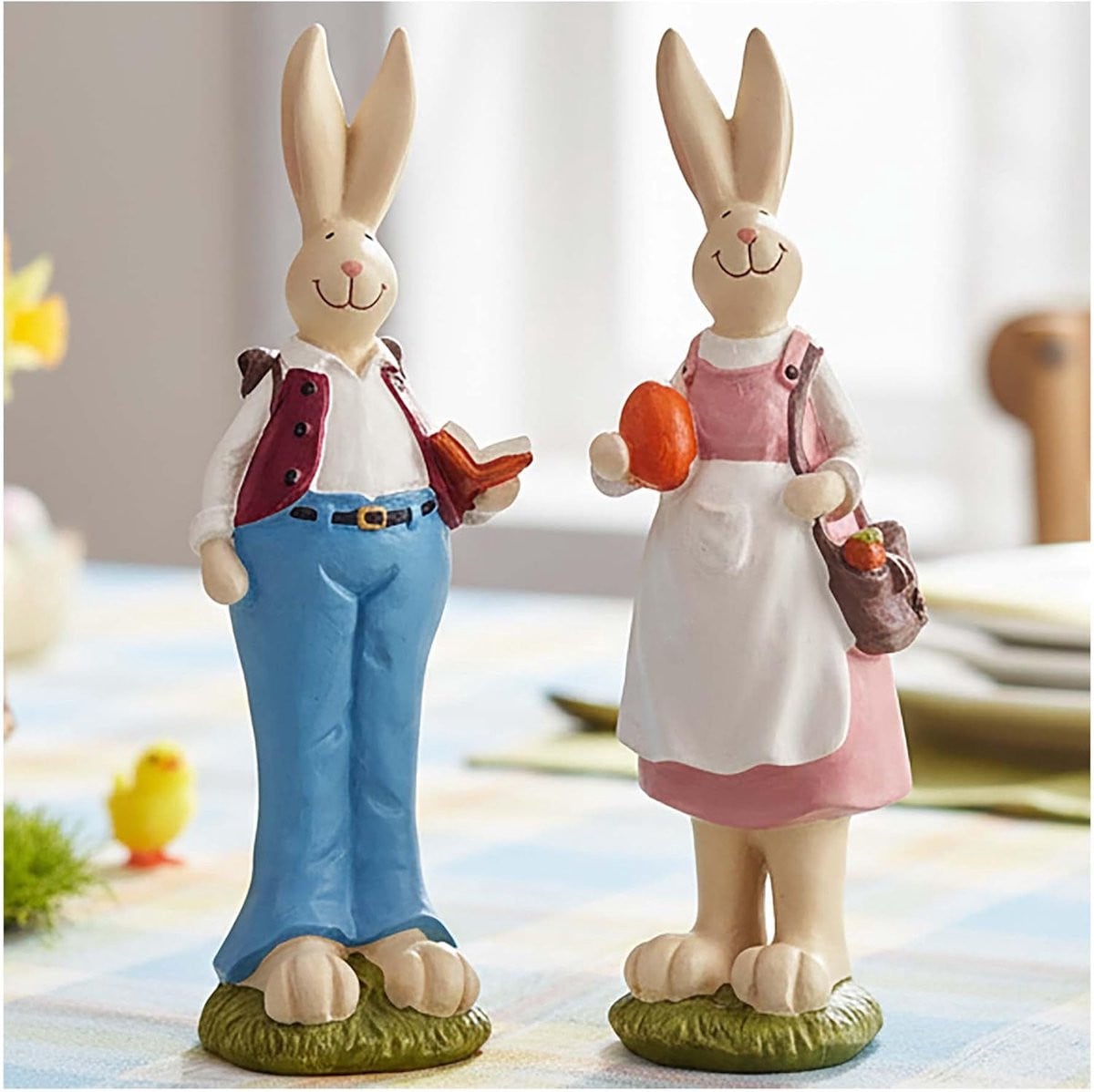Set van 2 decoratieve paashaas beeldjes van hars voor lente decoratie