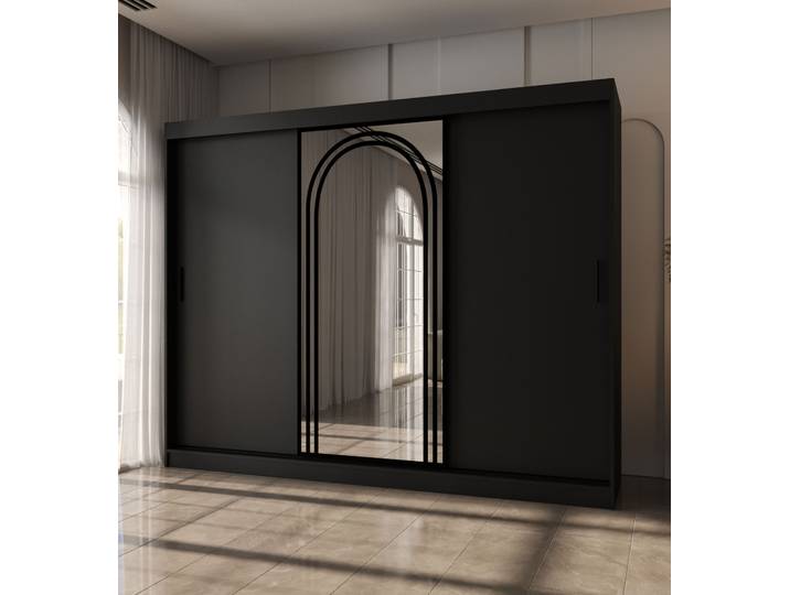 Schiebetürenschrank Schwarz Matt 10 Fächer 2 Kleiderstangen 250 x 62 x 200 cm Kleiderschrank Spiegeltür hochwertig Verarbeitet mod