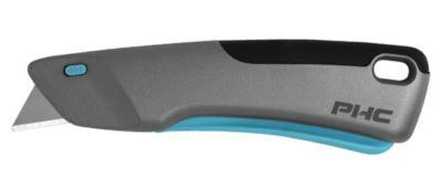 PHC Sicherheitsmesser Victa™, Auto-Klingenrückzug, rutschfester Griff, Klinge wechselbar, Umhängeöse, Metall, blau-silber