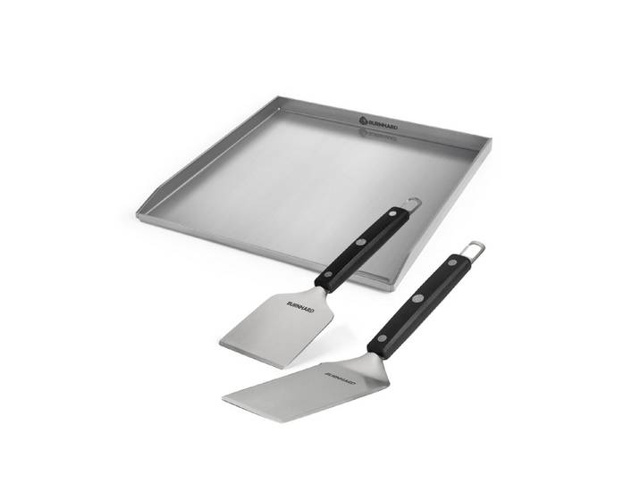 BURNHARD® Grillplatte Plancha Set 41,5 x 40,0 cm, 2tlg. Grillspachtel und Grillschaber Set