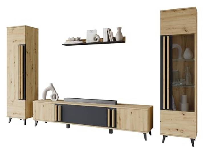 Mirjan24 Wohnzimmer-Set Hailea II, Wohnzimmerschrank, Schrankwand, im Set: Regal, Vitrine, Wandregal, TV-Lowboard (Artisan Eiche/Schwarzer Graphit, ohne Beleuchtung)