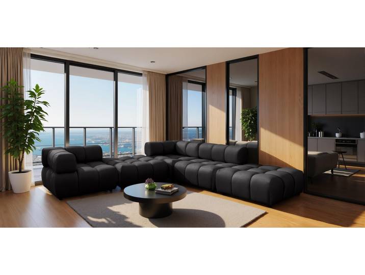 Kaiser Möbel Ecksofa Corner modular, Veloursstoff Bluvel, Schwarz, Rechts, Bolla