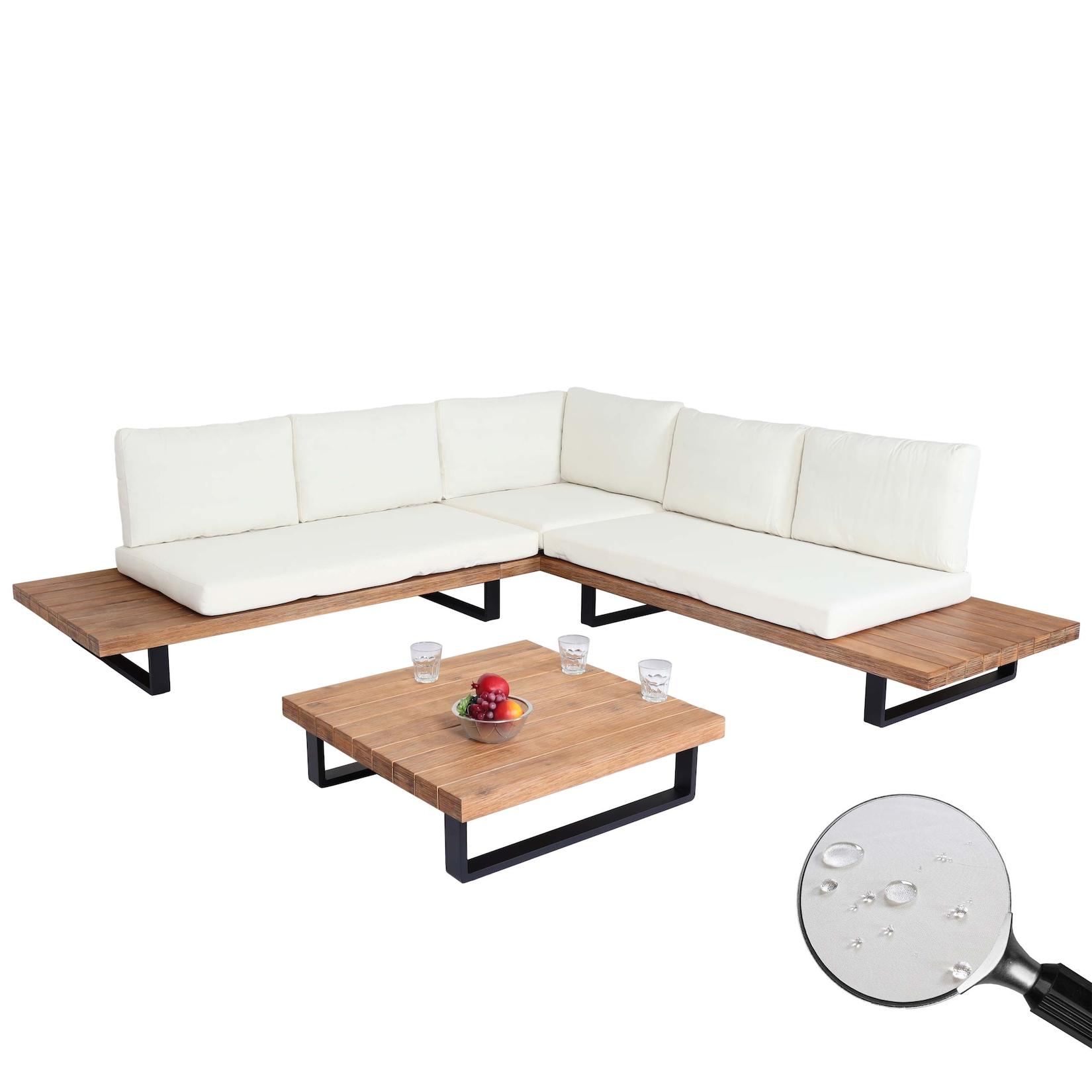 Garten-Garnitur MCW-H54, Garnitur Sitzgruppe Lounge-Set, Spun Poly Akazie Holz MVG Alu ~ hellbraun, Polster cremeweiß