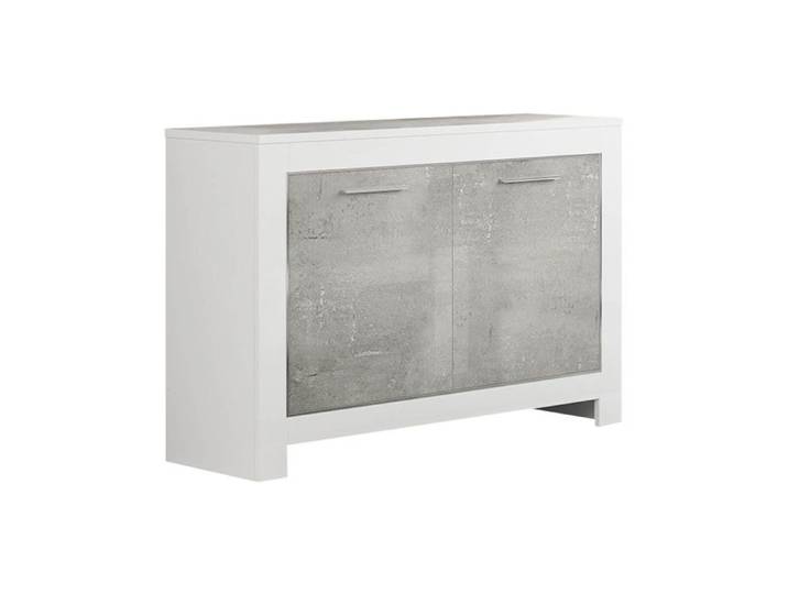 DENAE - Buffet 2 Portes L112cm Laqué Blanc Brillant et Gris Marbré