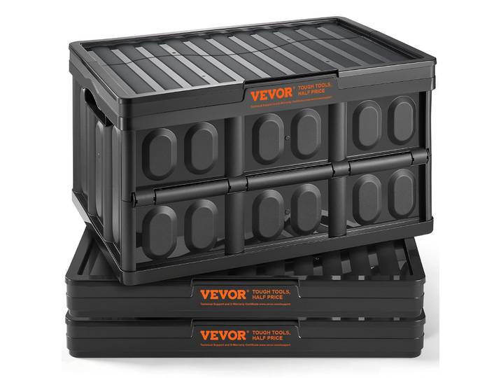 VEVOR Lot de 3 boîtes pliantes professionnelles 45L en PP Boîte de transport avec couvercle Boîte de rangement pliante avec poignée Caisses empilables Storage Box Boîtes pliantes pour le rangement et le transport