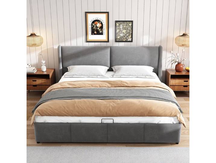 Lit Coffre - SOGEU - Contemporain - 160x200 cm - Velours gris - Coffre hydraulique