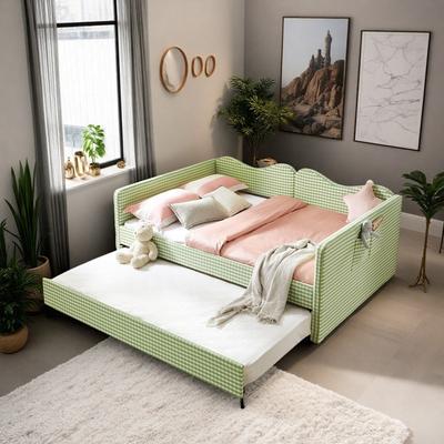 ZWYO HOSIMU Full Gingham Upholstered Daybed with Pull-Out Trundle & Side Storage Pocket for Kids Room Guest Bedroom