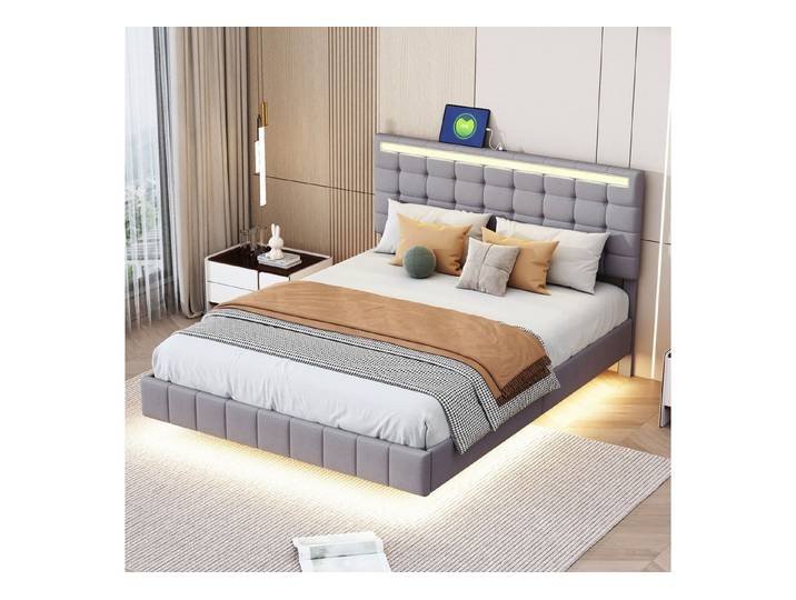 OKWISH Polsterbett Bezug aus weichem Leinen, voll gepolstert inkl. Kopfteil (Doppelbett mit Leinenbezug, Schwebebett mit integrierter LED-Beleuchtung, 140x200 cm), Kreiert eine einzigartige Lichtstimmung im Schlafzimmer, Ohne Matratze