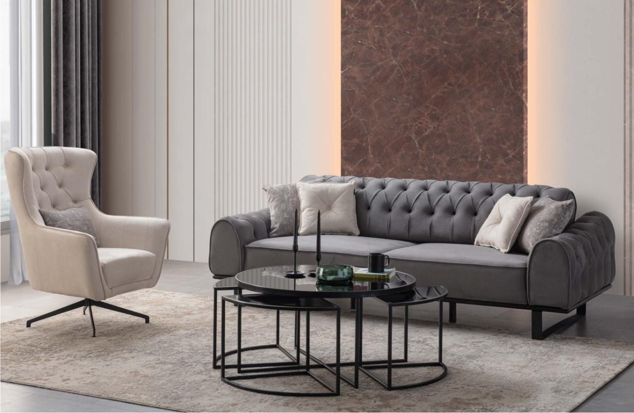 Set van 2 Chesterfield meubels: grijze driezitsbank en witte fauteuil