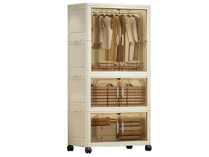 IDEALHOUSE Faltbarer Kleiderschrank Kunststoff Mit 1 Kleiderstange 2 Boxen Kleiderschrank mit Magnettüren & Rollen, 65cm, Stapelbar