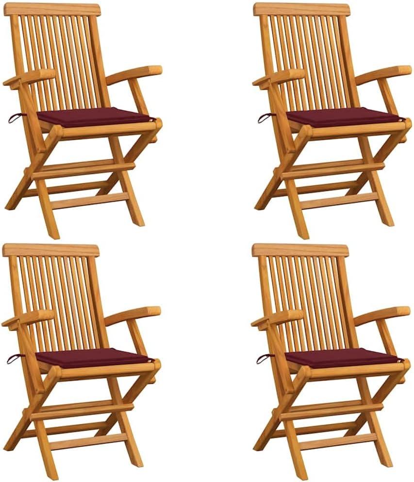 4er-Satz klappbare Gartenstühle aus massivem Teakholz, 55x60x89 cm, mit weinroten Sitzkissen, witterungsbeständig und leicht für Garten, Terrasse, Balkon und Außenbereich
