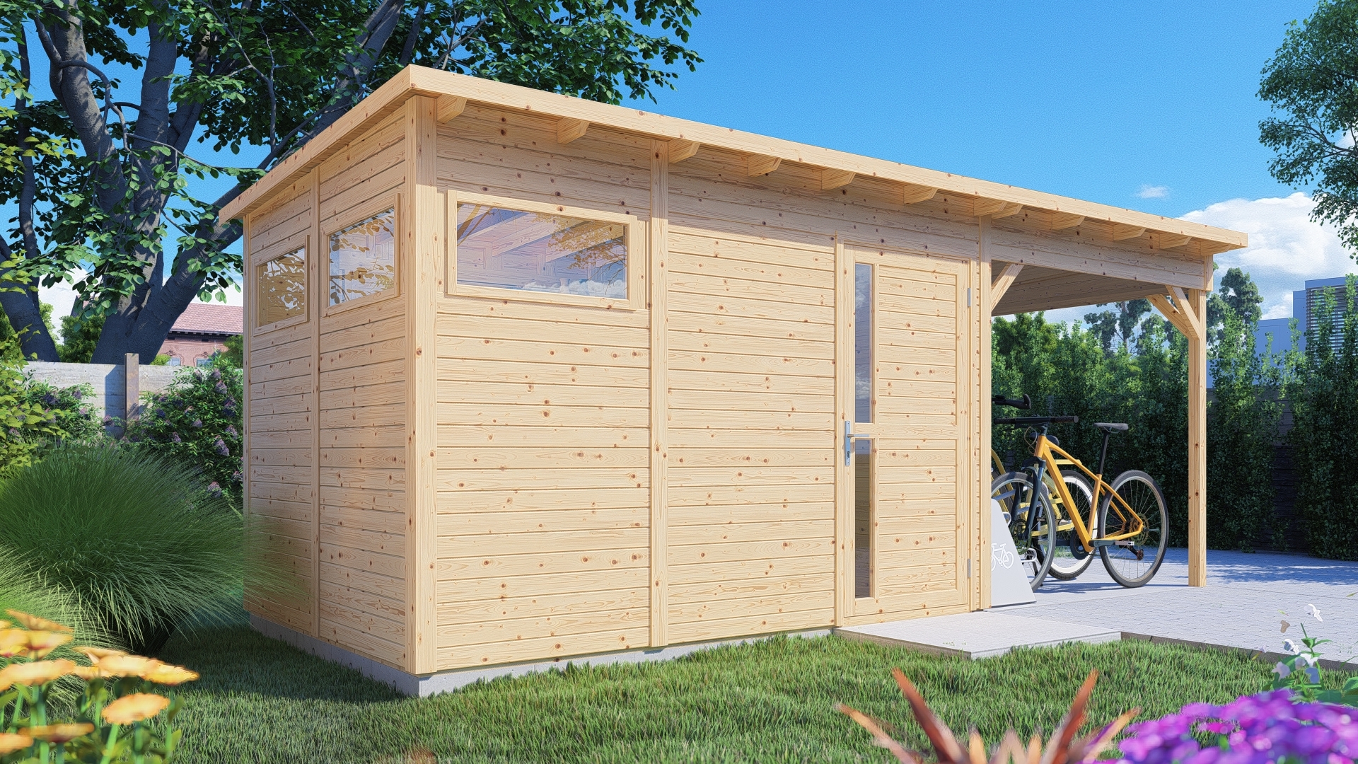 Gartenhaus Bertilo Man Cave Pentus 3L inkl. Fußboden und Schleppdach 581 x 265 cm natur