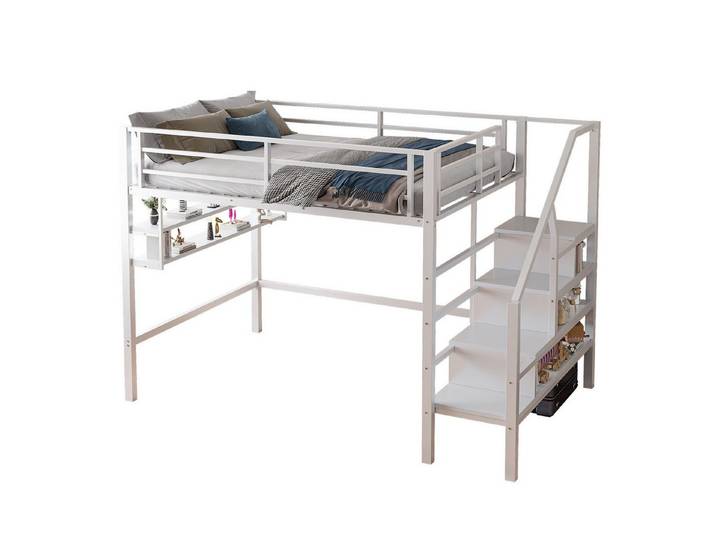 OKWISH Hochbett Funktionsbett,Einzelbett,Jugendbett,Kinderbett,Stauraumbett (Hochbett 140x200cm mit Stauraumleiter & Einlegeböden – Robuster Eisenrahmen, Kinderfreundliches Geländer, Freiraum zum Verkleiden) ohne Matratze