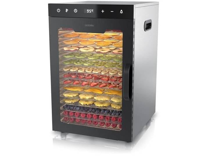 Arendo - Dörrautomat Edelstahl mit 16 Edelstahlgitter - 1000 Watt - 13400 cm² - 8 Programme - Dörrgerät Dehydrator Obsttrockner Dörrapparat - Obst Fleisch Pilze uvm - LED Touch Control