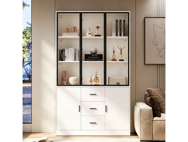 Vitrine Haute 120x30x200 Cm En Panneaux De Particules Blanche\, Avec Rangement Pour Salon Floragrace