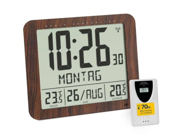 TFA Dostmann Digitale Wanduhr mit Holz Optik, 60.4518.08, inkl Funkuhr mit Außensender, Innen- und Aussentemperatur, gut ablesbar, mit Datum und Wochentag, für Wohnzimmer oder Küche geeignet, braun