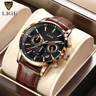 Youfap Market LIGE Luxury Men's Leather Watch Waterproof Quartz Sport Timepiece rose Gold