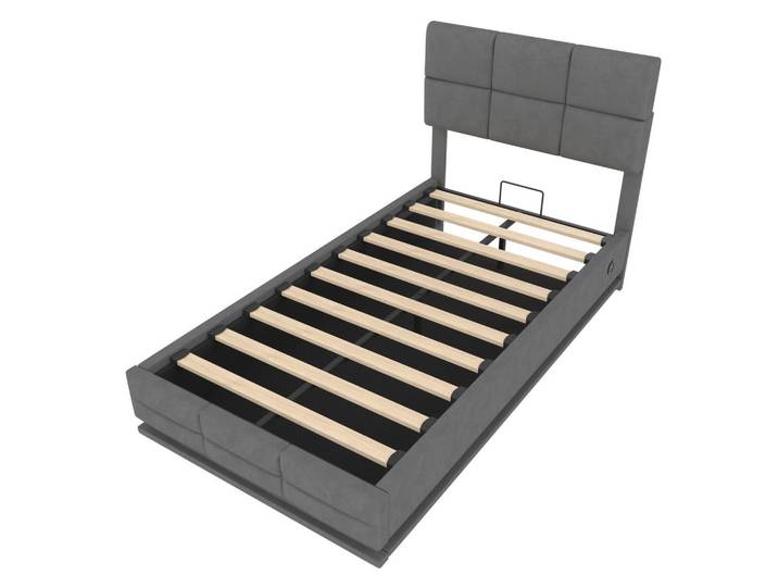 ComfortXL Stauraumbett 90/200 cm De-03575, mit höhenverstellbarem Kopfteil, LED und hydraulischem Liftsystem, in Grau, Metall, 90x200 cm, Babymöbel & Kindermöbel, Kinderzimmer & Jugendzimmer, Kinderbetten